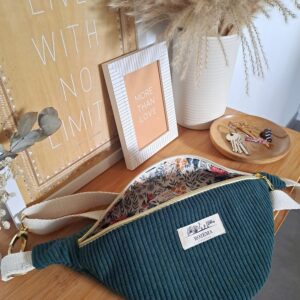 Sac Banane Femme velours cotelé personnalisable bohème tissu fleuri vert foret