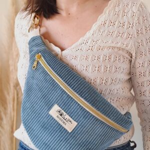 Sac banane Femme Velours Côtelé Bleu denim Intérieur tissu fleuri - Tendance Mode bohème