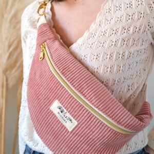 Sac banane Femme Velours Côtelé Rose pâle Intérieur tissu fleuri - Tendance Mode bohème