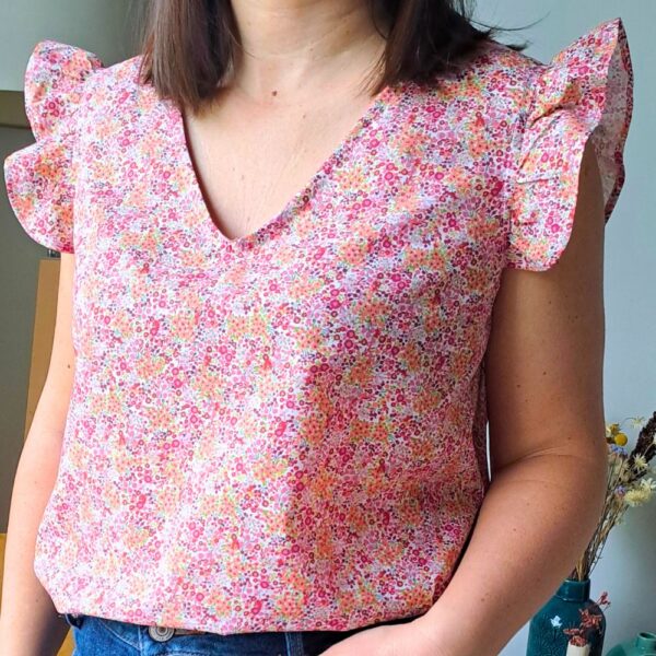Blouse Pivoine Mode femme bohème Chic Col V manches volantées popeline de coton douceur agréable à porter Rozéma Créations