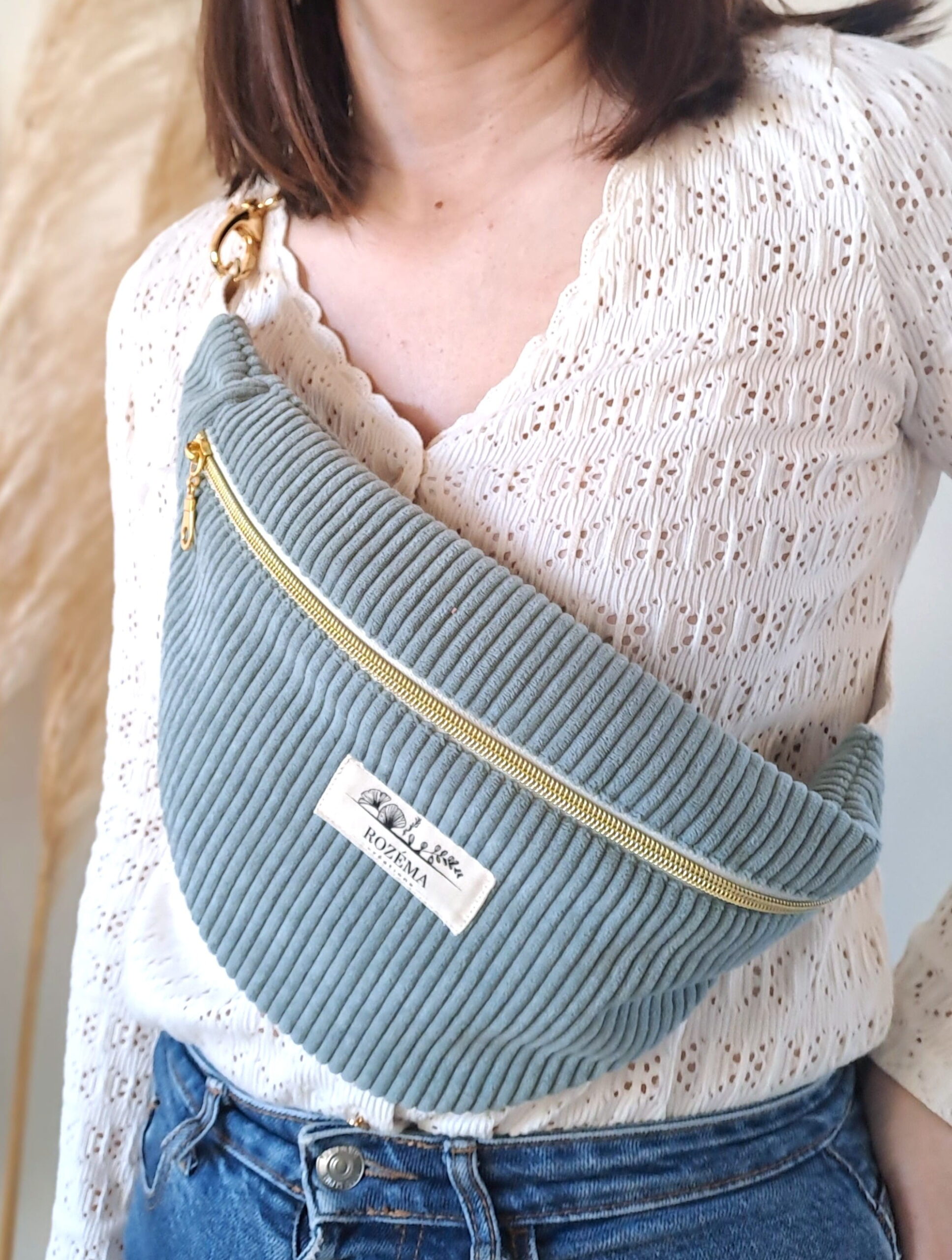 Sac banane Femme Velours Côtelé Vert d'eau Intérieur tissu fleuri - Tendance Mode bohème
